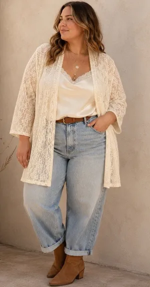 Shannon Ford New York Floral Ivory Lace Open Romantic Kimono Topper Cardigan 2X thumbnail 1