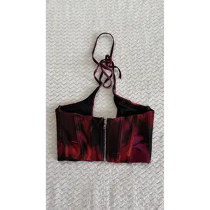 White Fox Red Purple Abstract Floral Mesh Halter Corset Crop Top XS thumbnail 3