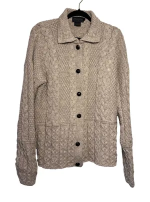 Peregrine Tan Cable Knit Button Front Collared Cardigan 100% Wool Chunky Warm‎ L Brown Size L thumbnail 1