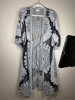 Rebellion Ember Black Sheer Crochet Kimono Embroidery Duster Whimsigoth Western Boho thumbnail 4