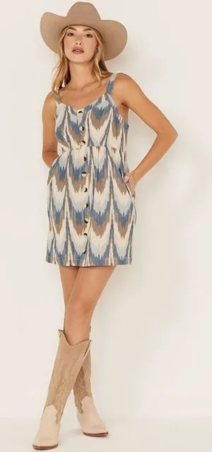 Shyanne Blue Tan Southwestern Print Cotton Mini‎ Dress XS Country Sundress Rodeo thumbnail 1