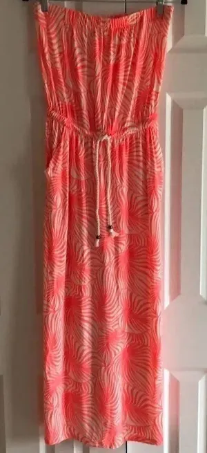 GAP Strapless Neon Pink Leaf Pattern Maxi Dress Size XS thumbnail 1