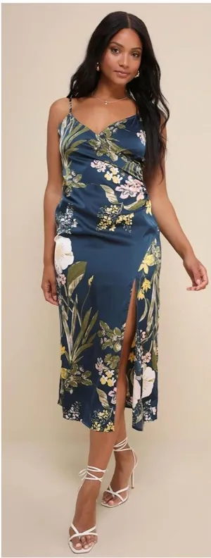 Lulus Remarkable Entrance Navy Blue Floral Print Satin Midi Dress Size Medium thumbnail 1