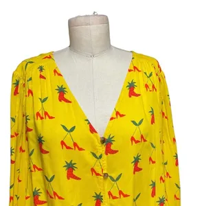 Anthropologie Kendra Dandy‎ Dreamer Top Blouse Button Strawberry Yellow Size 14 thumbnail 2