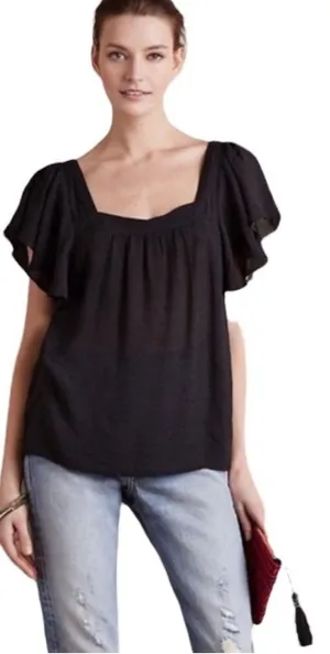 ANTHROPOLOGIE Maeve XS Black Flutter Sleeve Whimsigoth Flowy Top Semi‎ Sheer thumbnail 1