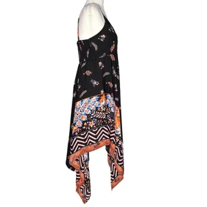 Express Small Black Asymmetrical Spaghetti-Strap Dress Floral Smocked Swing thumbnail 7