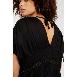 Free People Black Rainbow Smocked Boho Mini Dress S Ruched‎ Embroidered NWT thumbnail 4