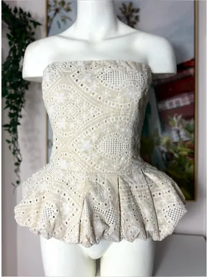 Akira Summer Time Bliss Beige Eyelet Peplum Corset Top Strapless Lace Up Size XL thumbnail 1
