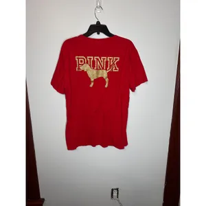 PINK Victoria's Secret Red Short Sleeve Pocket T-Shirt Gold Glitter Dog Logo L thumbnail 2