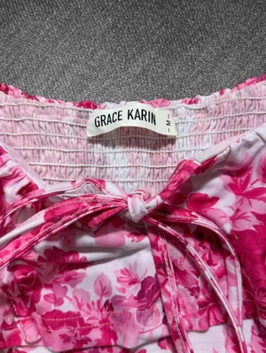 Grace Karin Pink Floral Ruffle Maxi Dress Size M thumbnail 4