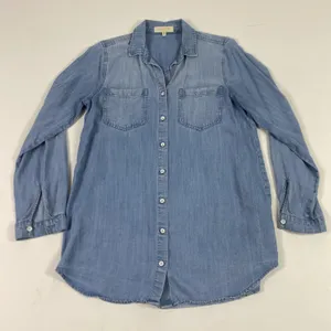 Side Stitch Shirt Womens XXS Light Blue Lyocell Chambray Button Down Tunic Top thumbnail 1