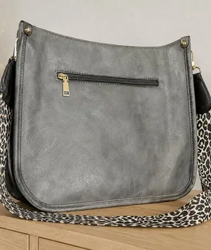 Gray Vegan Leather Messenger Tote Bag Leopard Print Strap NWT thumbnail 1