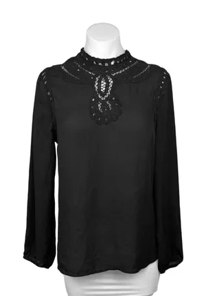 Anthropologie Daniel Rainn Black Boho Lace Long Sleeve Mock Neck Blouse Top Sz M thumbnail 1