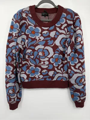 Driftwood Floral Jacquard Cropped Crewneck Sweater Rust Blue L NWT thumbnail 2