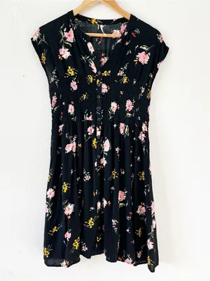 Free People Greatest Day Black Floral Smocked Boho Button Front Mini Dress thumbnail 3