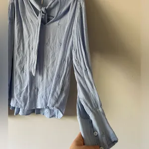 Free People Blue Embroidered Wishful Moments Tie Neck Top Size Medium Boho thumbnail 5