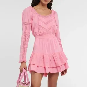 LoveShackFancy Sanaya Dress XL Vivid Pink‎ Long Sleeve Ruffle Tiered Lace Trim thumbnail 2