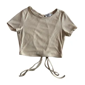 Princess Polly Women's 4 Beige Ribbed Crop Top Open Back Short Sleeve thumbnail 1