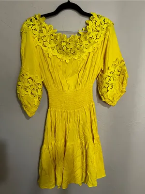 Gianni‎ Bini Yellow Off Shoulder Lace Trim Boho Peasant Spanish Vaca Mini Dress thumbnail 7