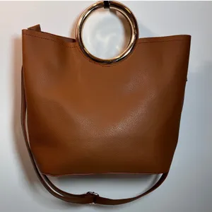 Brown Faux Leather Tote Bag With Gold Ring‎ Handle Shoulder Crossbody Strap thumbnail 1