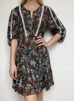 Maje Rubik‎ Imprime Floral Dress Womens 2 Small Green Red Boho Lace Trim V-Neck thumbnail 1