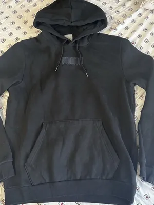 Womens black puma medium hoodie pockets drawstring logo sweatshirt outerwear thumbnail 1