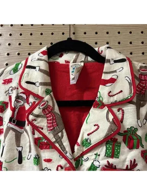 🇺🇸Munki Munki Cream Christmas Theme Long Sleeve Button Down Pajama Holiday Top thumbnail 2
