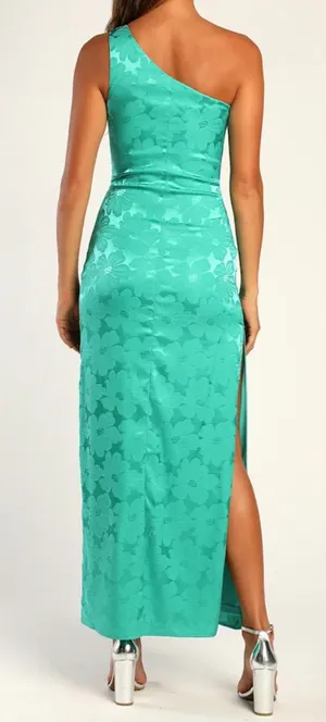 Lulu’s Chasing Desire Teal Green Satin Jacquard One-Shoulder Maxi Dress thumbnail 3
