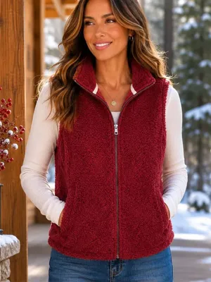 Umgee Teddy Vest Zipper Fuzzy Dark Cherry M thumbnail 1