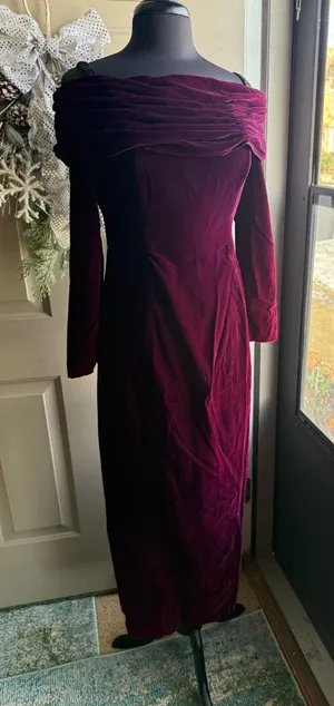 Vintage Rampage purple velvet off the shoulder maxi column dress, size 7/8 thumbnail 1