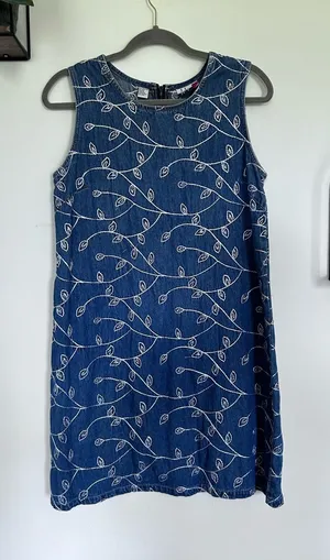 Vintage‎ J.L N.Y. Sport Denim Blue w/ White Embroidered Leaves Mini Dress Large thumbnail 1