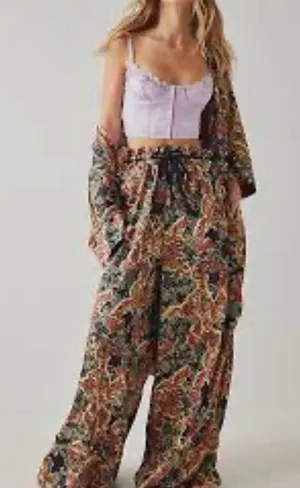 Free people goddess lounge pants size s satin x-wide leg floral paisley print thumbnail 1