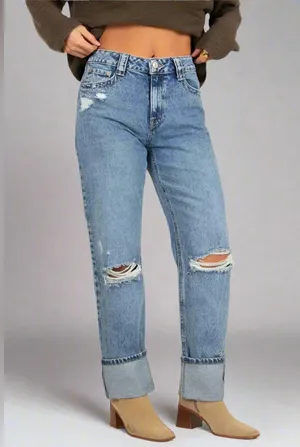 Rewash High Rise Cuffed Straight Ankle Jeans -Vintage Blue Black thumbnail 1