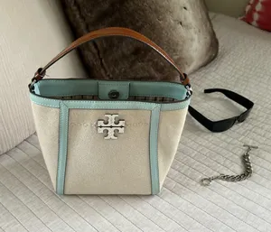 Tory Burch McGraw bucket canvas small tote bag cream blue thumbnail 1