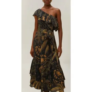 NWT Farm Rio Golden Foliage Black One Shoulder Maxi Dress Sz. XS thumbnail 2