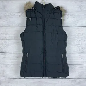 Banana Republic Black Puffer Vest‎ Women's Size Small Faux Fur Hood Ski Outdoor thumbnail 2