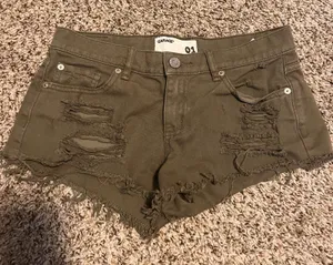 Garage‎ Olive Green Distressed Denim Shorts | Size 01 | Ripped Raw Hem thumbnail 1