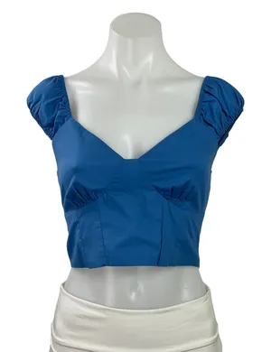Abercrombie & Fitch Womens Blue V-neck Sleeveless Smocked Crop Blouse Top Sz XS thumbnail 1