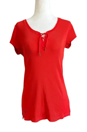 Ralph Lauren Orange Ribbed Lace Up Shirt Women's Size Medium | 26-35 thumbnail 1