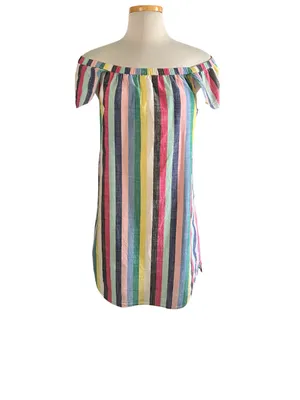 J. Crew Off-The-Shoulder Rainbow Stripe Mini Shift Dress. Size 14 thumbnail 2