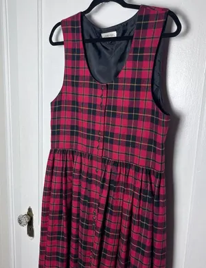 Vintage Susan Bristol Red Black Plaid Pinafore Midi Flannel Holiday Dress Size 8 thumbnail 2