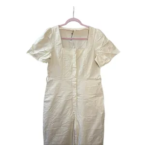 Mango Button‎ Up Belt Jumpsuit Cream Beige Size Medium Square Neck Feminine thumbnail 7