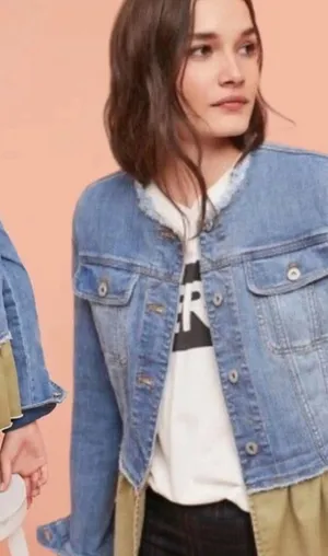 Pilcro and the Letterpress Small Denim Jacket Olive Green Ruffle Hem‎ Womens thumbnail 1