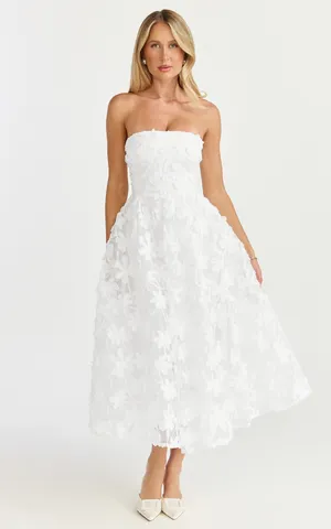 New Showpo RHEIVA Strapless 3D Embroidery Midi White Dress Size Large MSRP $149 thumbnail 4