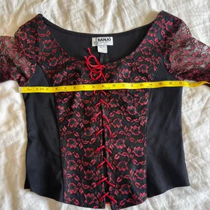 Vintage Banjo Black Red Lace Corset Long Sleeve Western Whimsygoth Blouse Medium thumbnail 7