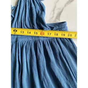 ⁠R Vivimos Blue Halter Mini Dress Size L Boho Mesh Polka Dot Tiered Babydoll thumbnail 5