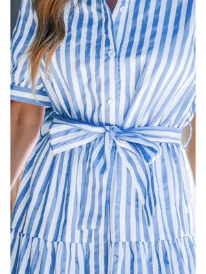NWT Cupshe Blue Striped Puff Sleeve Front Button Maxi Dress - Size: Small thumbnail 11