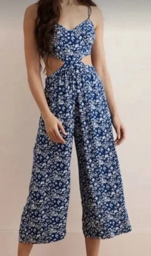 Aerie Cut Out Side Cropped Wide Leg Jumpsuit Blue Floral Women's Large Cutout L thumbnail 1