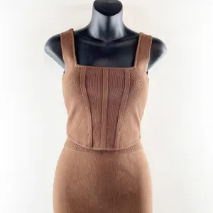 Miou Muse Knit Set Cropped Corset Top High Rise Midi Skirt Brown Small thumbnail 4
