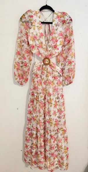 Gianni Bini Cream Floral Lace Maxi with Pink & Green Accents Size 6 thumbnail 1